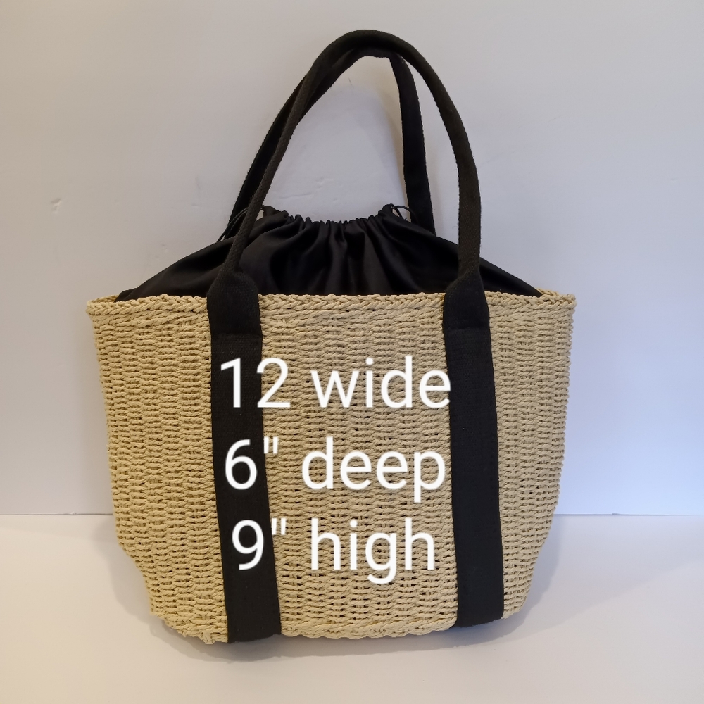 Woven Seagrass Tote Bag with Black Web Handles & Drawstring Lining - Picture 10 of 10